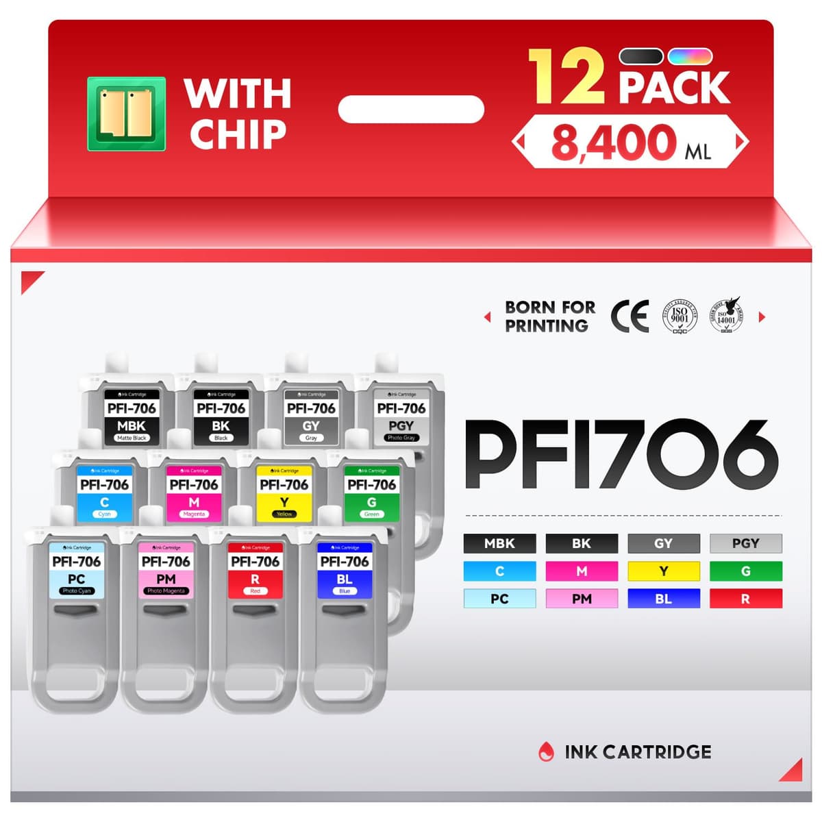 HSink PFI-706 Pack de 12 Tanques de Tinta Pigmentada 700 ml Compatibles con Canon ImagePROGRAF iPF8300 iPF8300S iPF8400F iPF8400S iPF8400SE iPF9400 iPF9400S iPF8400 iPF8410 iPF9410 iPF8410S iPF9410S Canon PFI-706