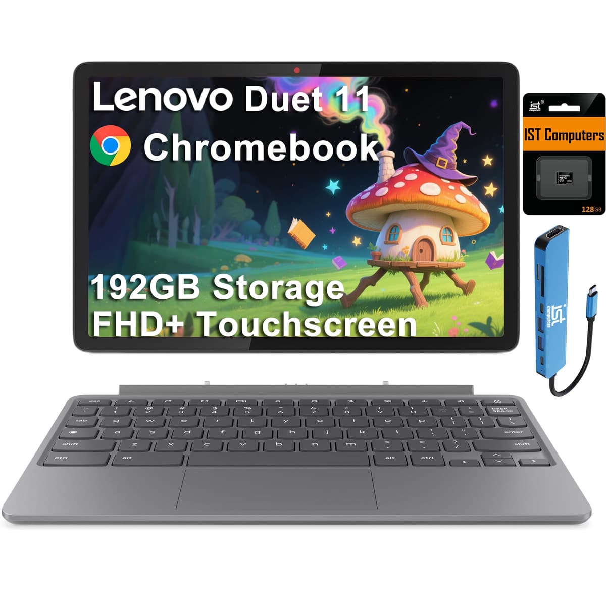 Lenovo Chromebook Duet Gen 9 11" FHD+ 2 en 1 Tablet con Pantalla Táctil y Teclado Desmontable (Procesador MediaTek Kompanio 838 de 8 núcleos, 4GB, 192GB almacenamiento [64GB + SD 128GB], Cámara web 8MP, IST HUB, Wi-Fi 6, Chrome OS) Chromebook Duet 3