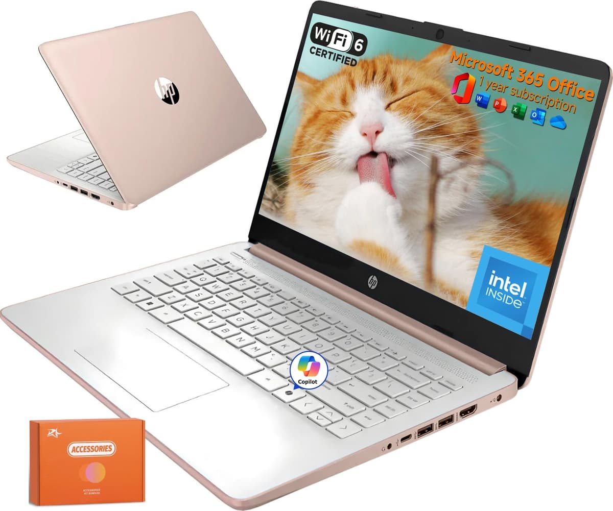 HP 2025 Nueva Laptop de 14 Pulgadas para Estudiantes y Negocios, Intel N150, 16 GB RAM, 384 GB de Almacenamiento (128 GB UFS + 256 GB SSD), Wi-Fi 6, Copilot AI, 1 Año de Microsoft 365, Windows 11 Pro, Rosa Palo, Con Mouse