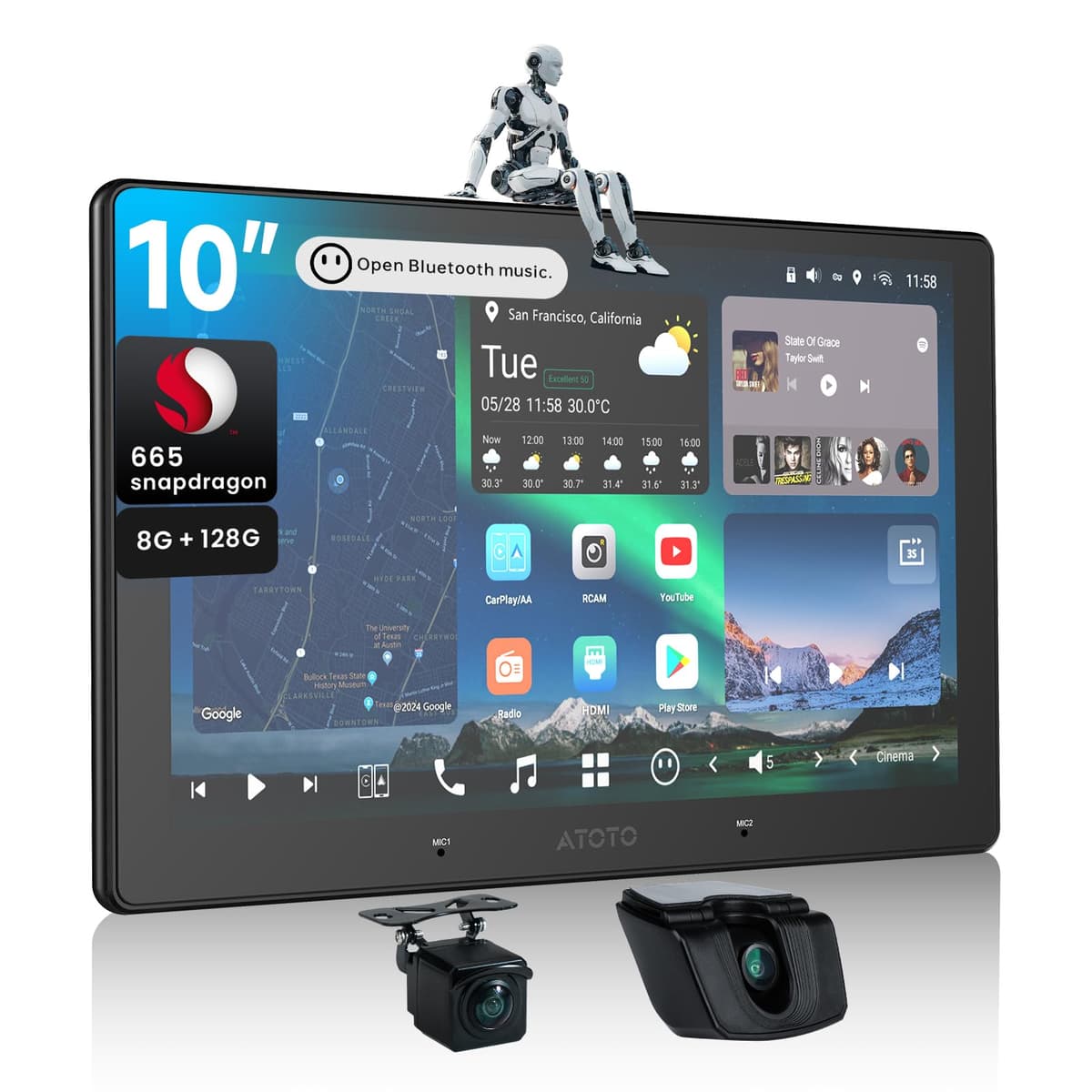 ATOTOZONE Navegación AI Android de 10 pulgadas para tablero, Estéreo doble DIN 8G+128G para auto, 4G LTE, CarPlay inalámbrico y Android Auto, Audio 7.1.2 canales, FLAC, RCA de alto voltaje, Ecualizador 36 bandas, Salida SPDIF, con DVR de 2 cámaras, X10G211E-R3