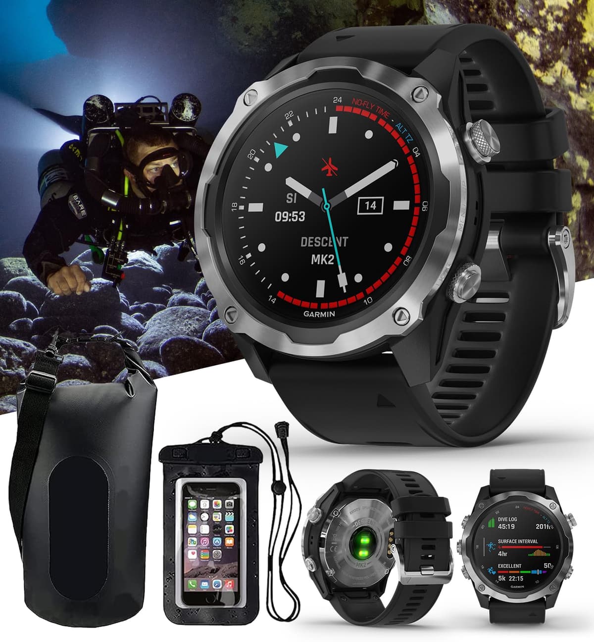 PlayBetter Garmin Descent Mk2 reloj computadora de buceo (Acero/Inoxidable Negro) con bundle de accesorios 010-02132-00