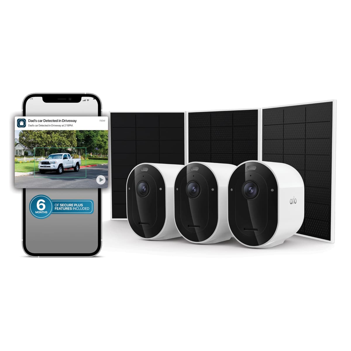 Cámara de Seguridad Arlo Pro 2K HDR (6ª Generación, Lanzamiento 2025) 3 Cámaras + 3 Paneles Solares + 6 Meses del Plan Secure Plus - Cámara Exterior Inalámbrica, Alimentación por Batería, Detección de Personas, Vehículos y Animales, Blanco VMK4370PL06-1AZCNS