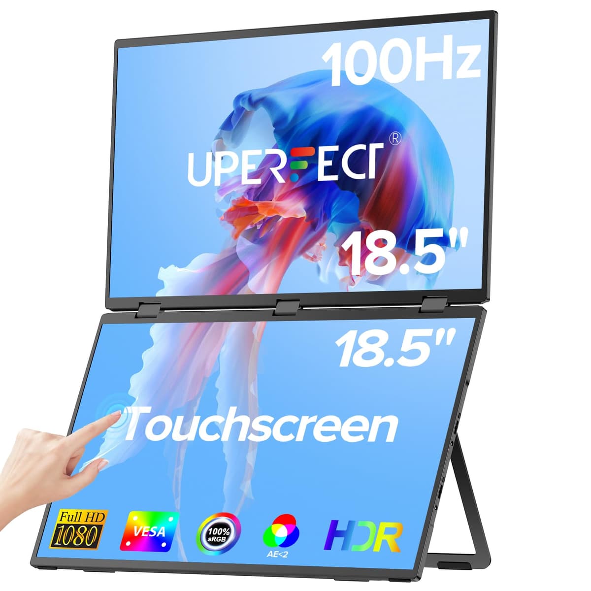 UPERFECT Delta 18.5" doble monitor portátil 100Hz, táctil, apilable, con soporte y VESA UStation Delta