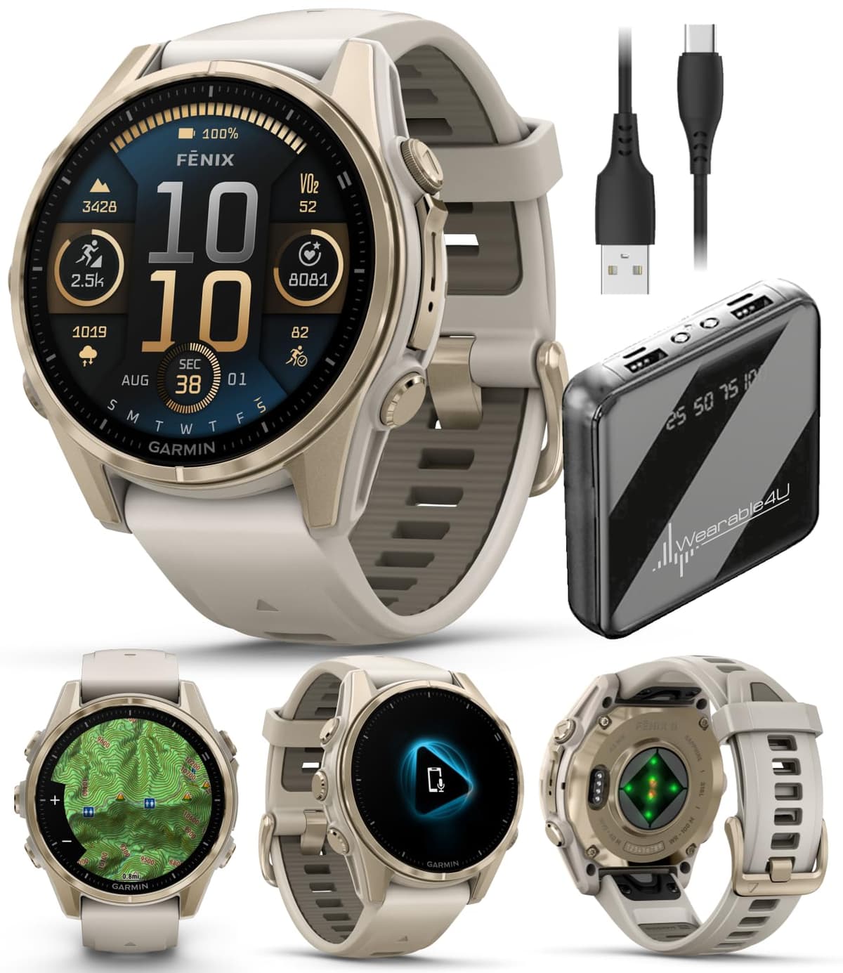 Wearable4U Garmin Fenix 8 43 mm Sapphire Soft Gold con correa Fog Gray/Dark Sandstone y power bank