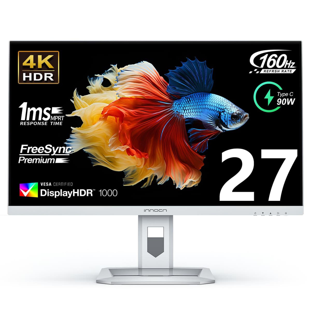 INNOCN Monitor Gaming 27" 4K 160Hz UHD 3840 x 2160p 1ms IPS HDR1000 HDMI 2.1, 99% DCI-P3, Conectividad USB Tipo-C, Sensor Pivot, Base Ajustable en Altura - 27M2V