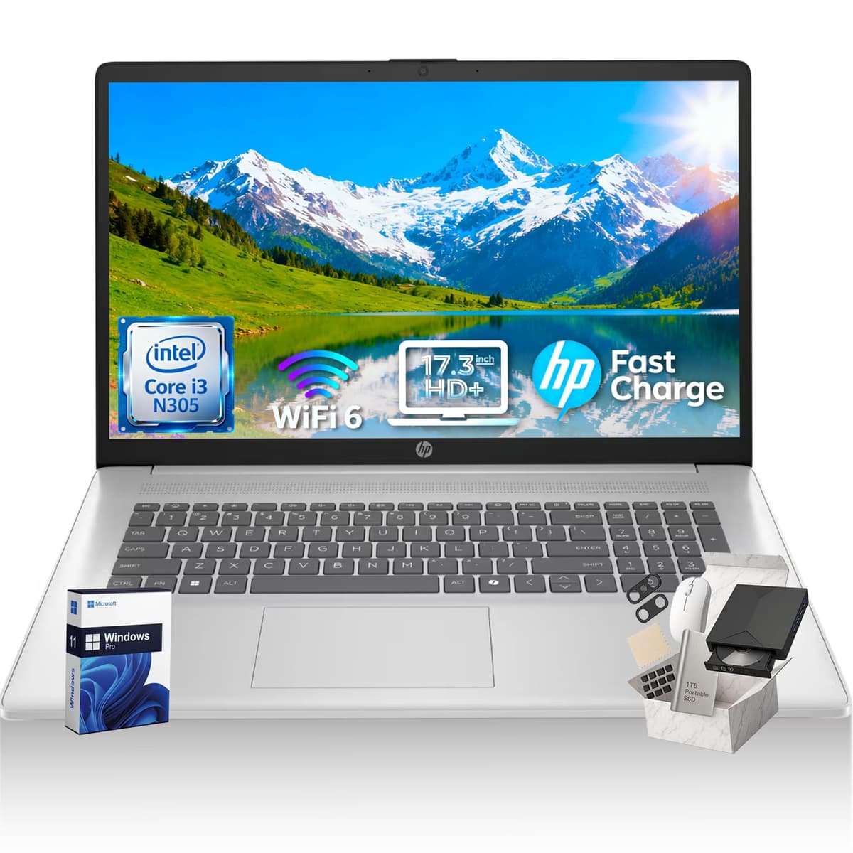 HP 2025 Laptop 17.3" HD+ - Procesador Intel de 8 núcleos N305, 32 GB RAM, 1 TB SSD, Wi-Fi 6, Bluetooth 5.3, HDMI, USB Tipo C, Accesorios, Windows 11 Pro para Estudiantes y Negocios, Plateado 17 Laptop