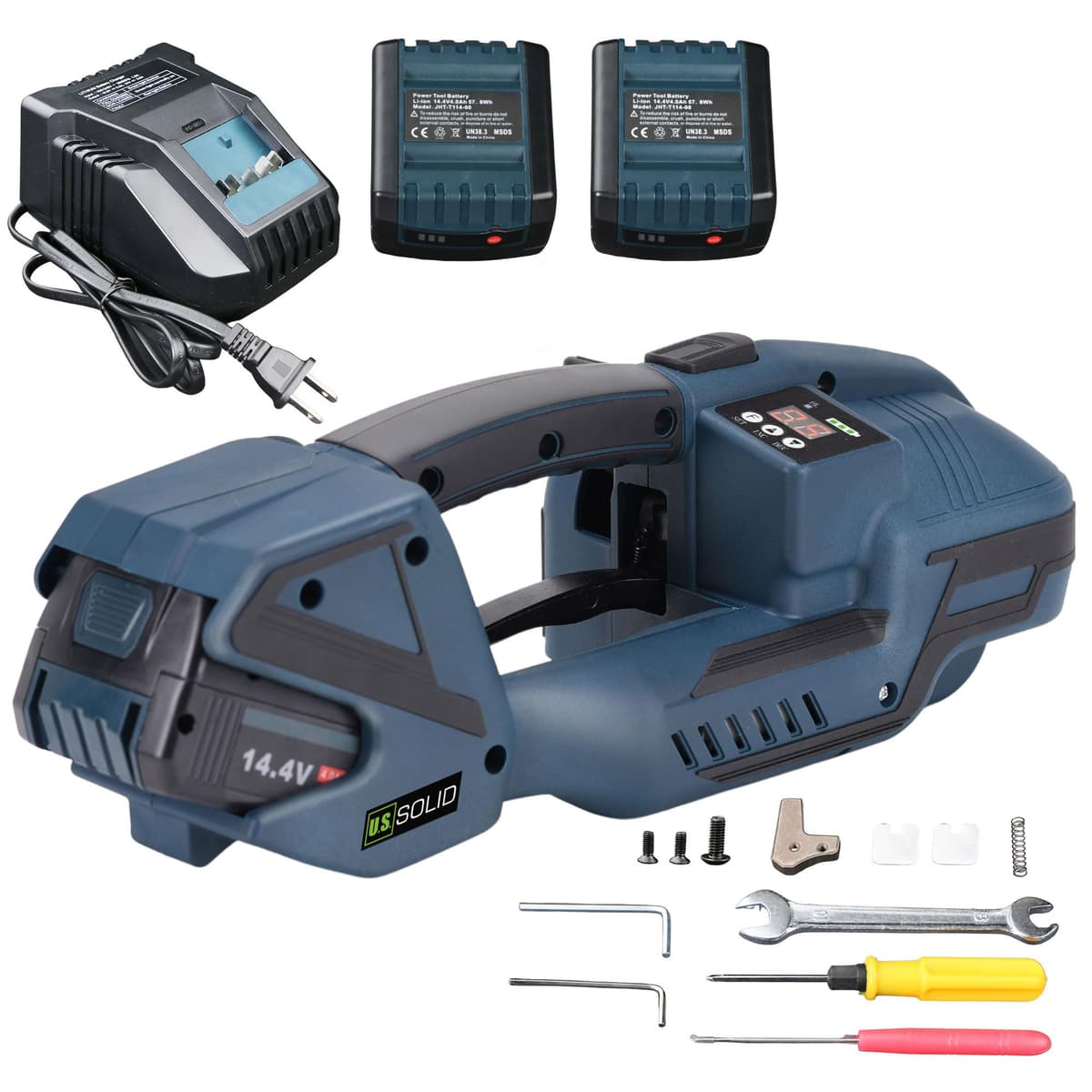 U.S. Solid Máquina de flejado eléctrica portátil con pantalla LCD, batería 2×4000mAh para correas PP/PET 1/2-5/8 in USS-ESM00001