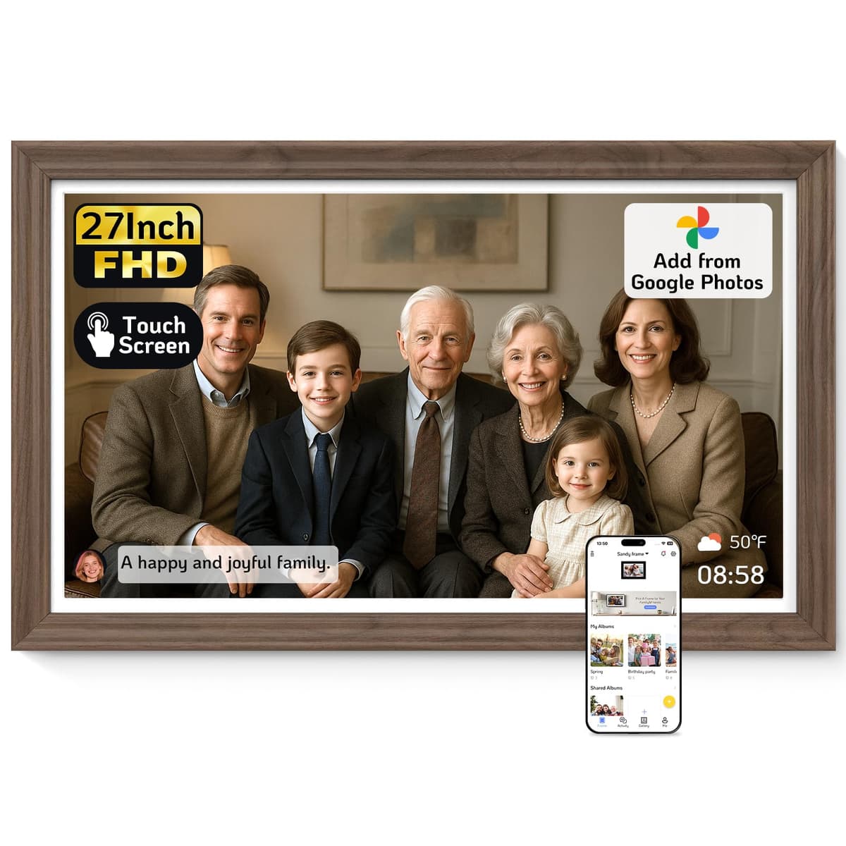 Marco digital grande NexFoto 27'' con pantalla táctil, WiFi, 64GB 1920×1080 - Añade fotos desde Google Fotos, sube videos, para Navidad/estreno de casa/mamá/cumpleaños, nogal NF-F270HN-T-BT-U-US