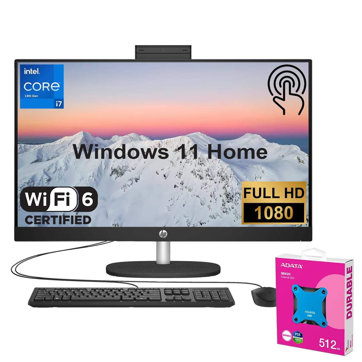 HP Essential All-in-One 27" FHD Touchscreen Intel Core i7-1355U, 16GB RAM, 1TB PCIe SSD, Wi-Fi 6, Windows 11 + Adata 512GB SSD TPC-Q070-27