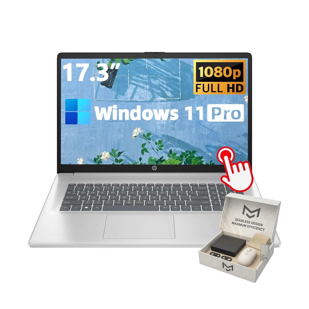 HP Laptop de 17.3" con pantalla táctil - HD+ 250 nits • AMD Ryzen 5 7530U • Windows 11 Pro • Wi-Fi 6 • Teclado numérico • Para negocios y estudiantes • con accesorio • Plateado • 16 GB RAM • SSD 1 TB HP 17 inch Laptop