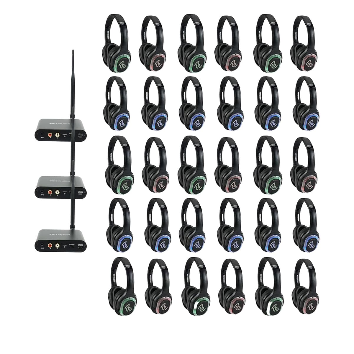 Retekess TA003 Silent Disco Headphone System Bundle 3 Transmisores y 30 Audífonos, 3 Canales