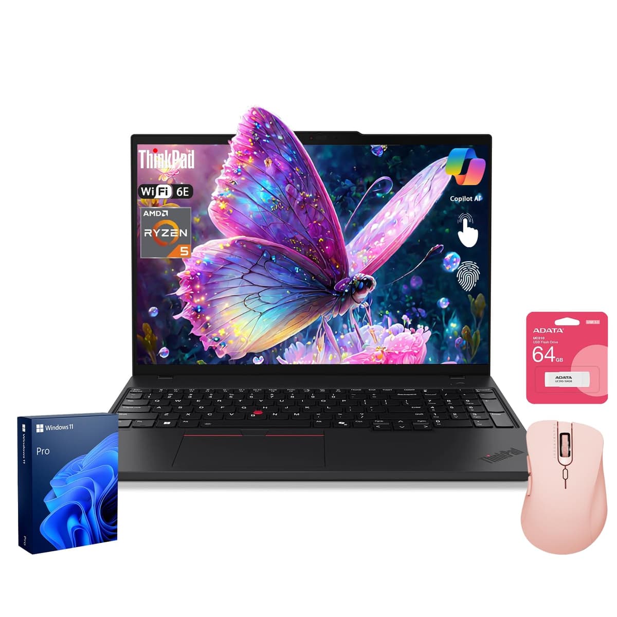 Lenovo ThinkPad E16 Gen 2 Laptop empresarial, pantalla táctil 16" WUXGA, AMD Ryzen 5 7535U, 32GB DDR5, 1TB SSD, lector de huellas, teclado retroiluminado, Wi-Fi 6E, Windows 11 Pro, paquete con mouse inalámbrico y memoria USB