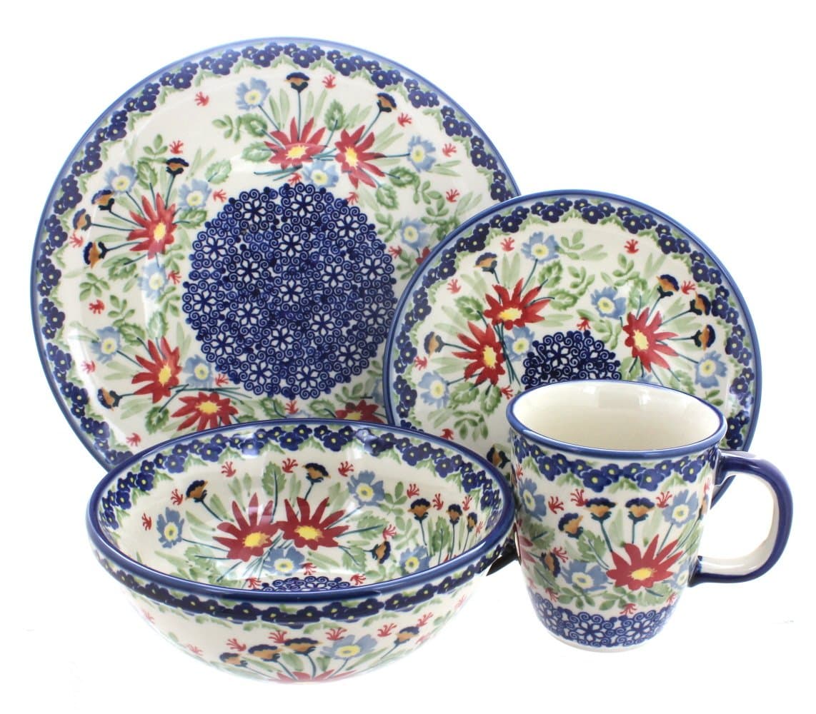 Blue Rose Polish Pottery - Red Jungle Bouquet Juego de Cena 16 Piezas (4 puestos) 1000-P260-4