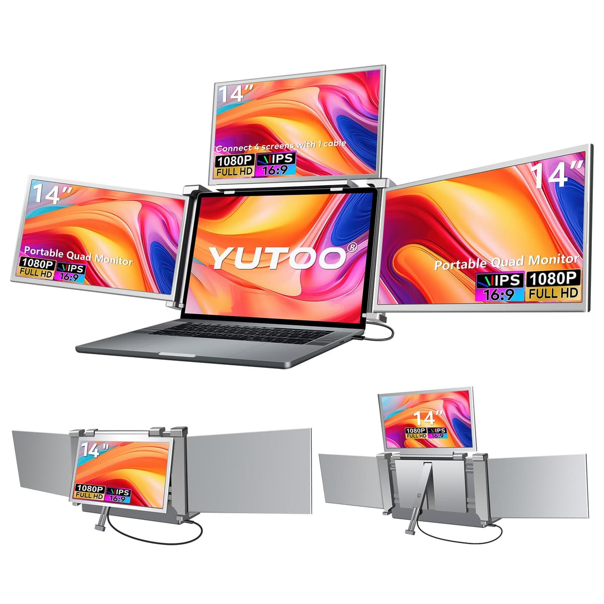 YUTOO S680 Extensor de pantalla 4 en 1 para laptop, 14" 1080p FHD IPS, compatible con M1/M2/M3 y Windows
