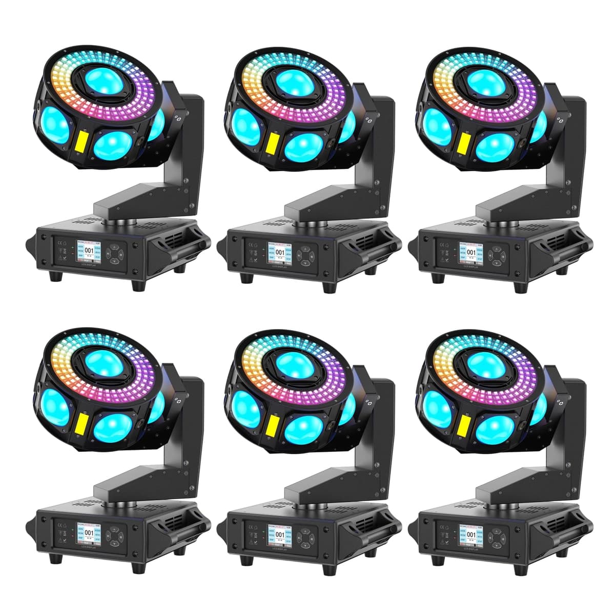 Kiinsehtoq ZQ02621 Paquete 6 luces moving head 3 ejes con 7x2° beams y aro LED rotatorio - DMX/sonido (19/25CH)