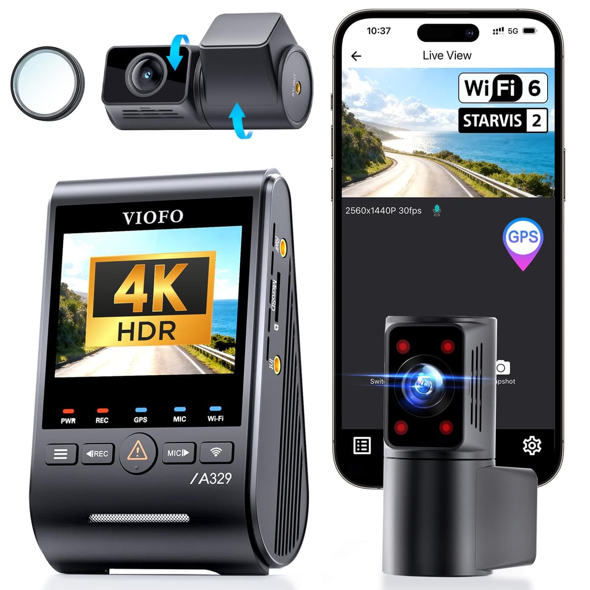 VIOFO A329S 3CH Dash Cam 4K Front + 2K Cabin Fisheye + 2K Rear, STARVIS 2, Wi-Fi 6, Soporta hasta 4TB SSD