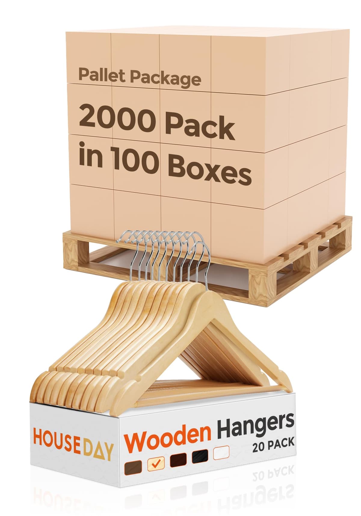 Perchas de Madera HOUSE DAY Pack 2000 (100 cajas de 20) - Percha sólida con barra antideslizante, resistente para abrigos y camisas, acabado natural Bulk Wooden Hangers