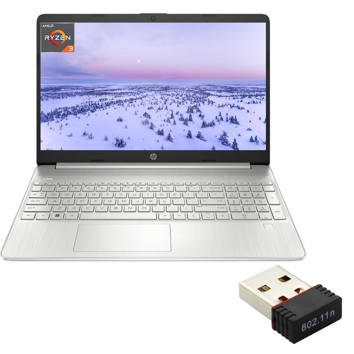 HP Laptop 2023, pantalla HD 15.6", AMD Ryzen 3 5300U (4 núcleos), 12 GB RAM, 512 GB SSD, gráficos AMD Radeon, Wi-Fi, Bluetooth, teclado numérico, Windows 11 Home