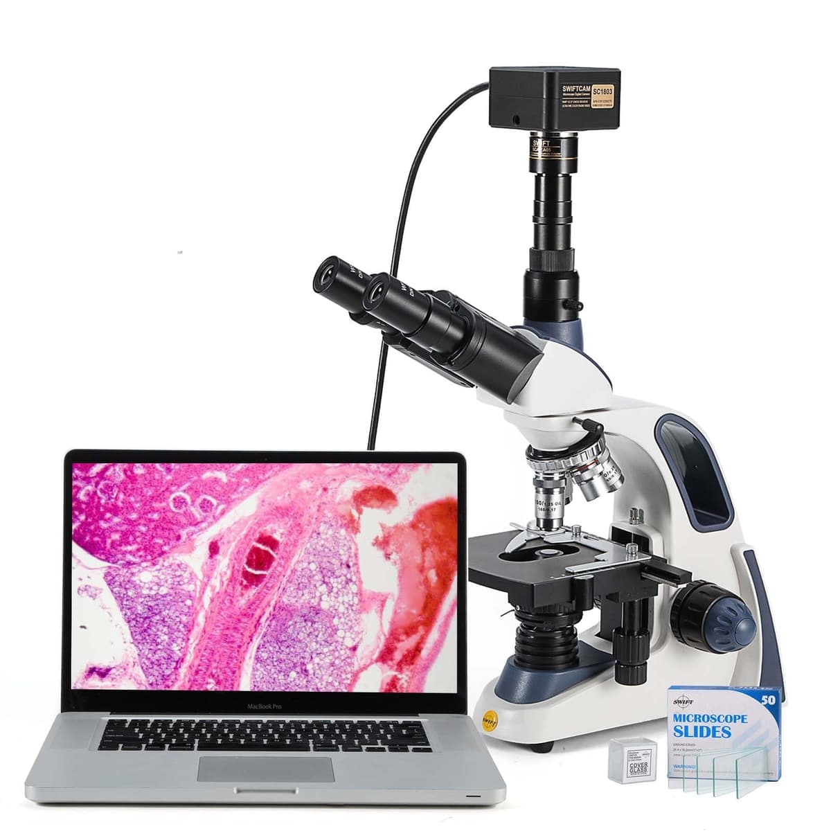 Microscopio Compuesto Trinocular Swift SW380T 40X-2500X con Cámara Swiftcam 20MP y 100 Portaobjetos SW380T-SC2003-CK-BSC