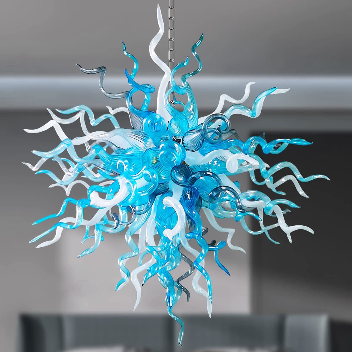 Lámpara de Araña de Vidrio Soplado BeyPan en Azul, Gris y Blanco, Colgante de Techo Diámetro 32" para Escalera, Vestíbulo, Entrada o Baño LR1412-80*80CM