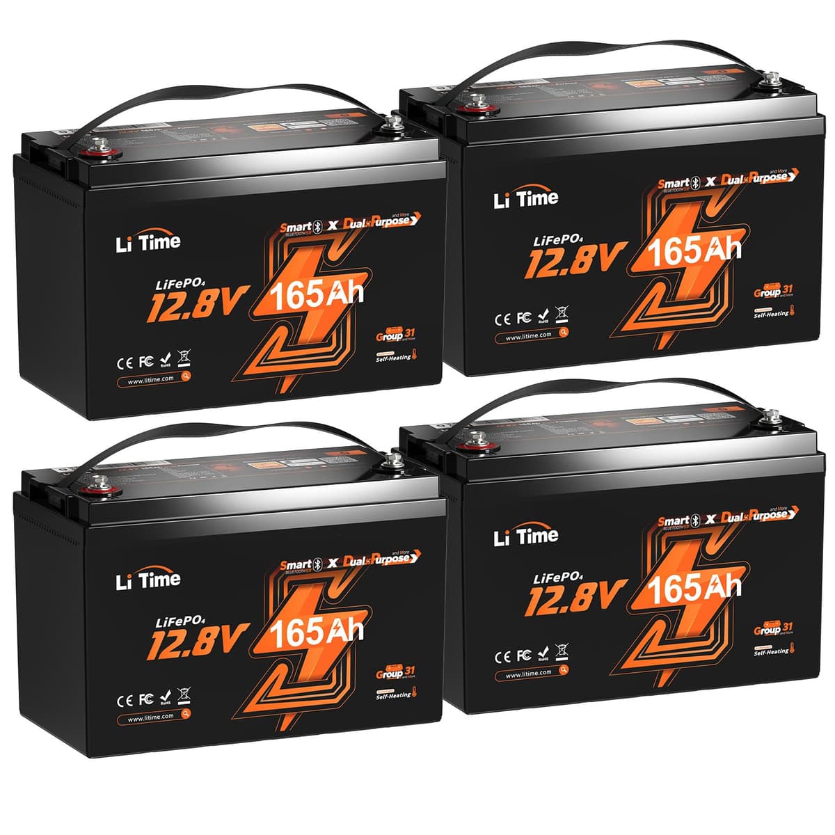 Litime 12V 165Ah LiFePO4 Dual Purpose Marine Starting Battery - 1200CCA, Group 31 (4-Pack) L12V165-150-DP-BT-CCA1K2-4-A100-Pack4
