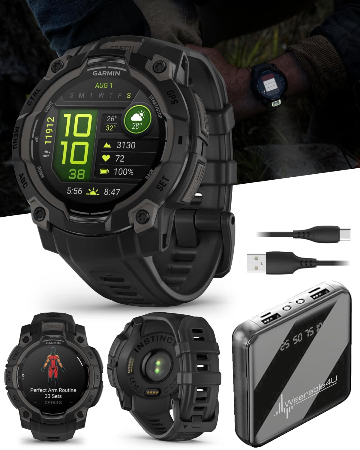 Wearable4U Garmin Instinct 3 45 mm, pantalla AMOLED, reloj inteligente GPS todoterreno resistente, bisel reforzado con metal, linterna integrada, hasta 18 días de batería, paquete negro