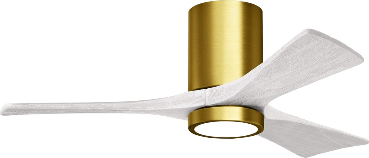 Matthews Fan Company Irene IR3HLK-BRBR-MWH-42 Ventilador de techo empotrado 42" con luz, control remoto y control de pared, motor DC silencioso, 3 aspas de madera, Brushed Brass con Matte White