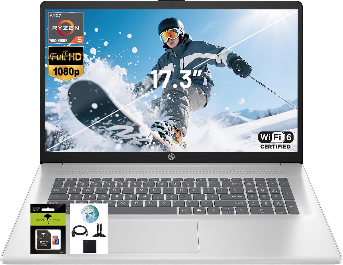 HP 17.3" FHD IPS Laptop, Quad Core AMD Ryzen 5 7520U (mejor que i7-1255U) 8GB DDR5 RAM 512GB SSD, Laptop para Negocios y Estudiantes con Copilot AI Carga Rápida Cámara Privada Wifi6 Win11, con Accesorio GM 17-cp2025dx