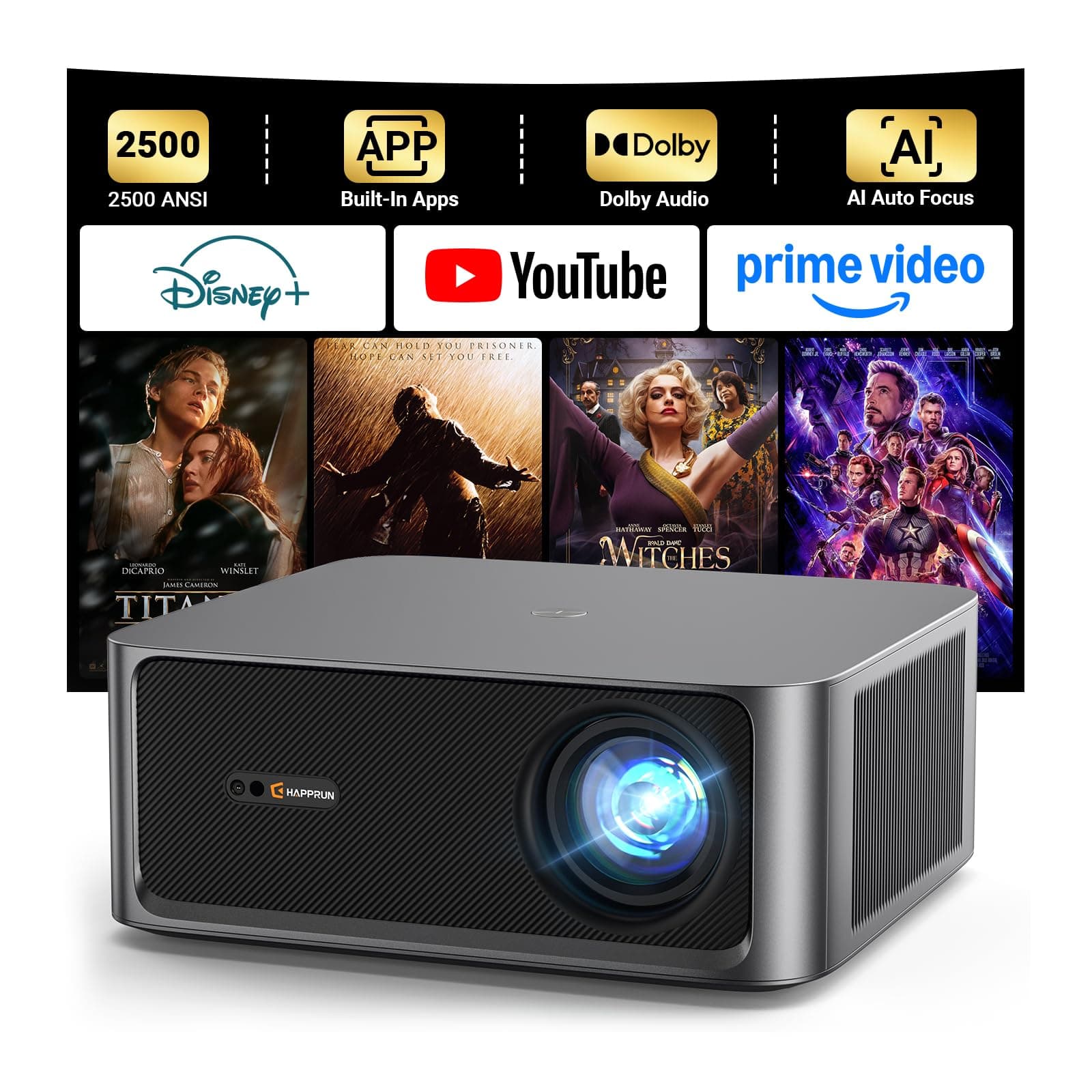 HAPPRUN KC7 PRO Proyector 2500 ANSI 4K Decoding WiFi6 Bluetooth 5.2 Dolby Audio 300"