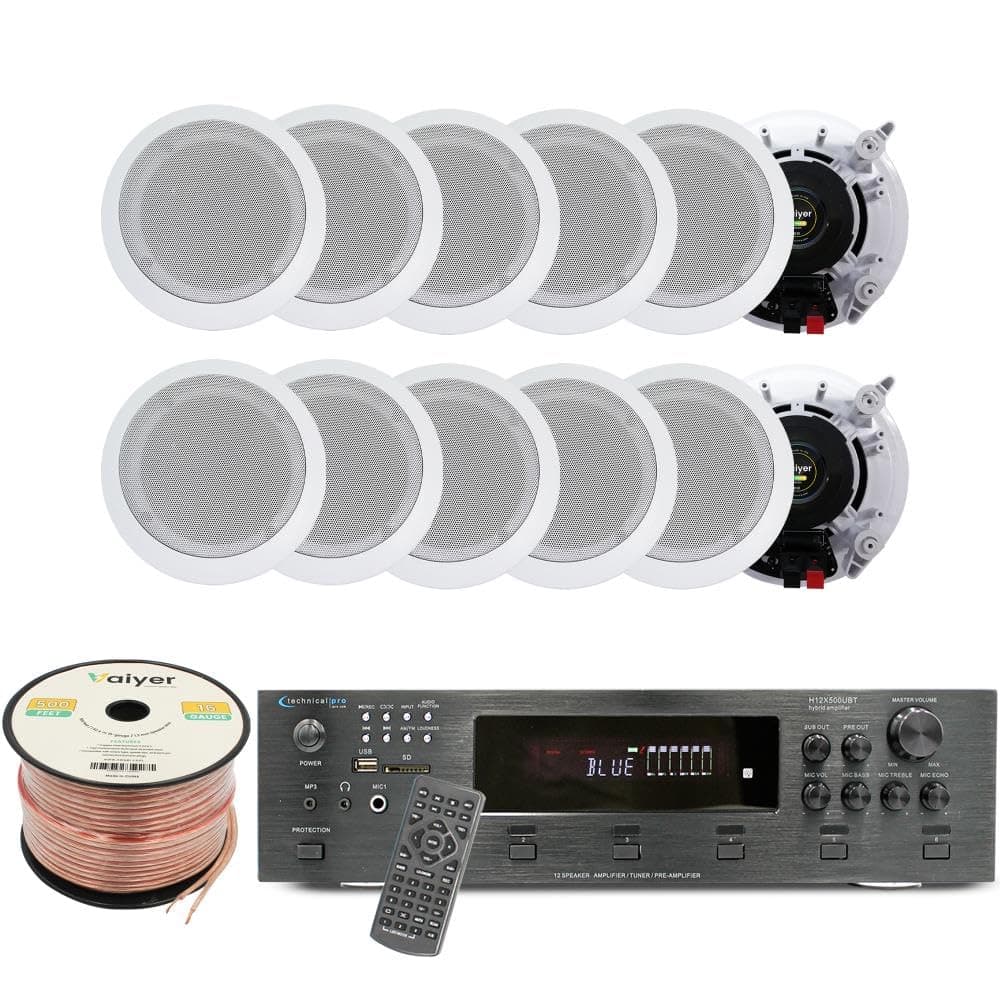Vaiyer Kit de Audio 6 canales 6000W con amplificador Bluetooth y 12 parlantes empotrables 5.25" + cable 16 AWG 500 ft KTH12X63
