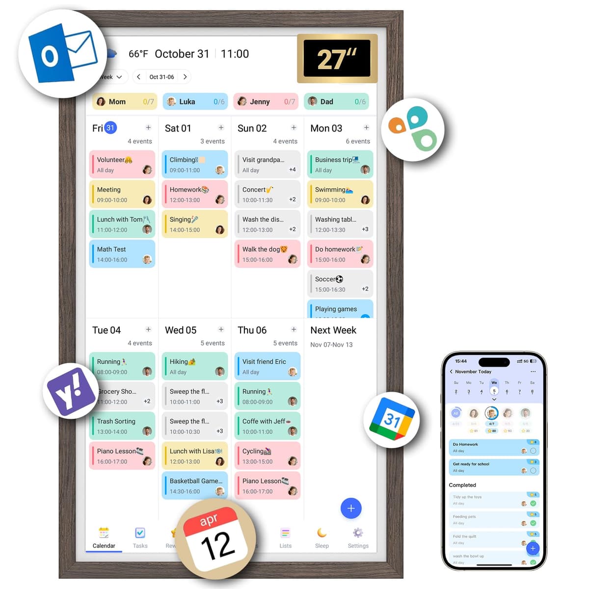 BSIMB Calendario digital de pared táctil 27" para familia con planificador y pantalla de fotos CL270D