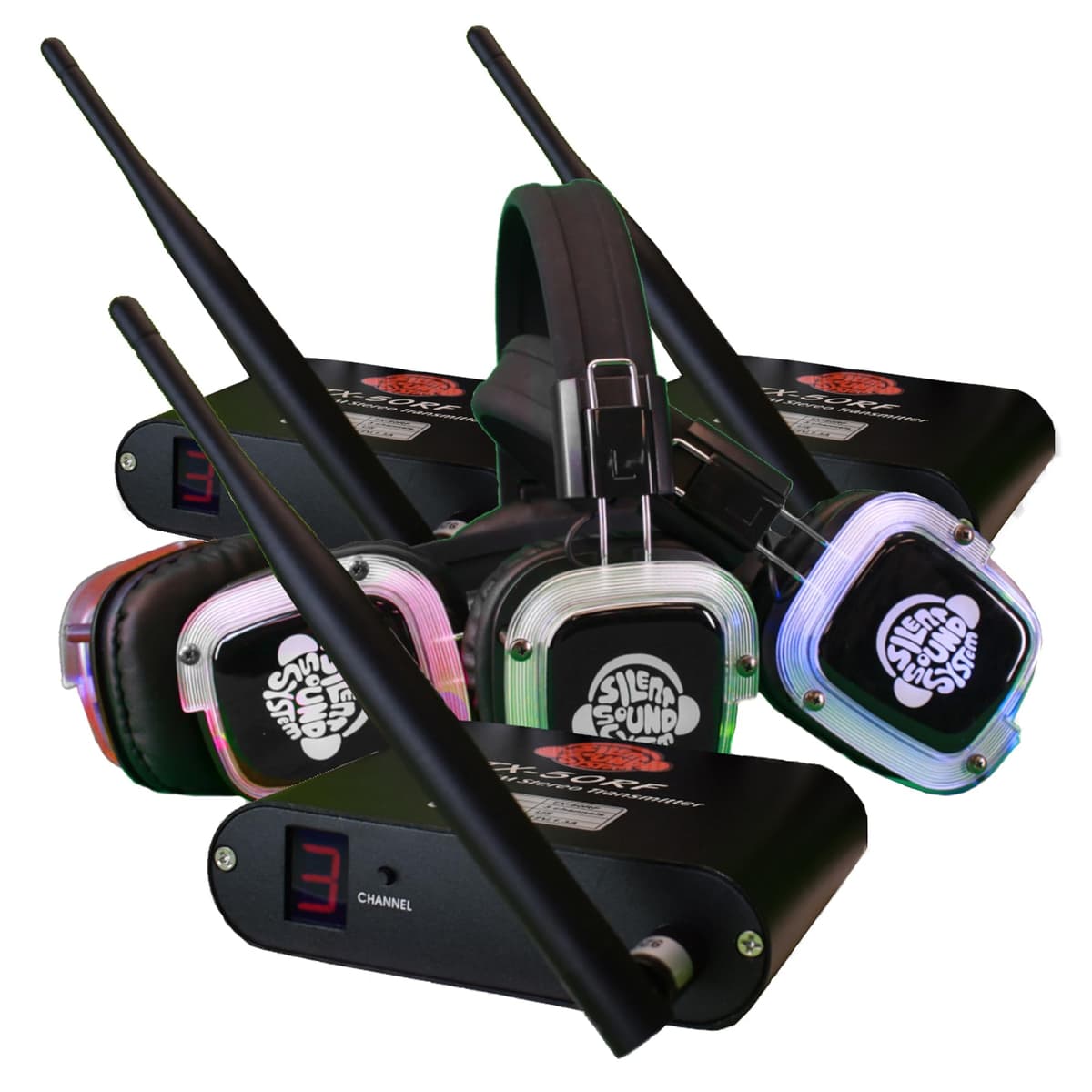 Silent Sound System Paquete Silent Disco 150 audífonos RF con 3 transmisores SSS-C001