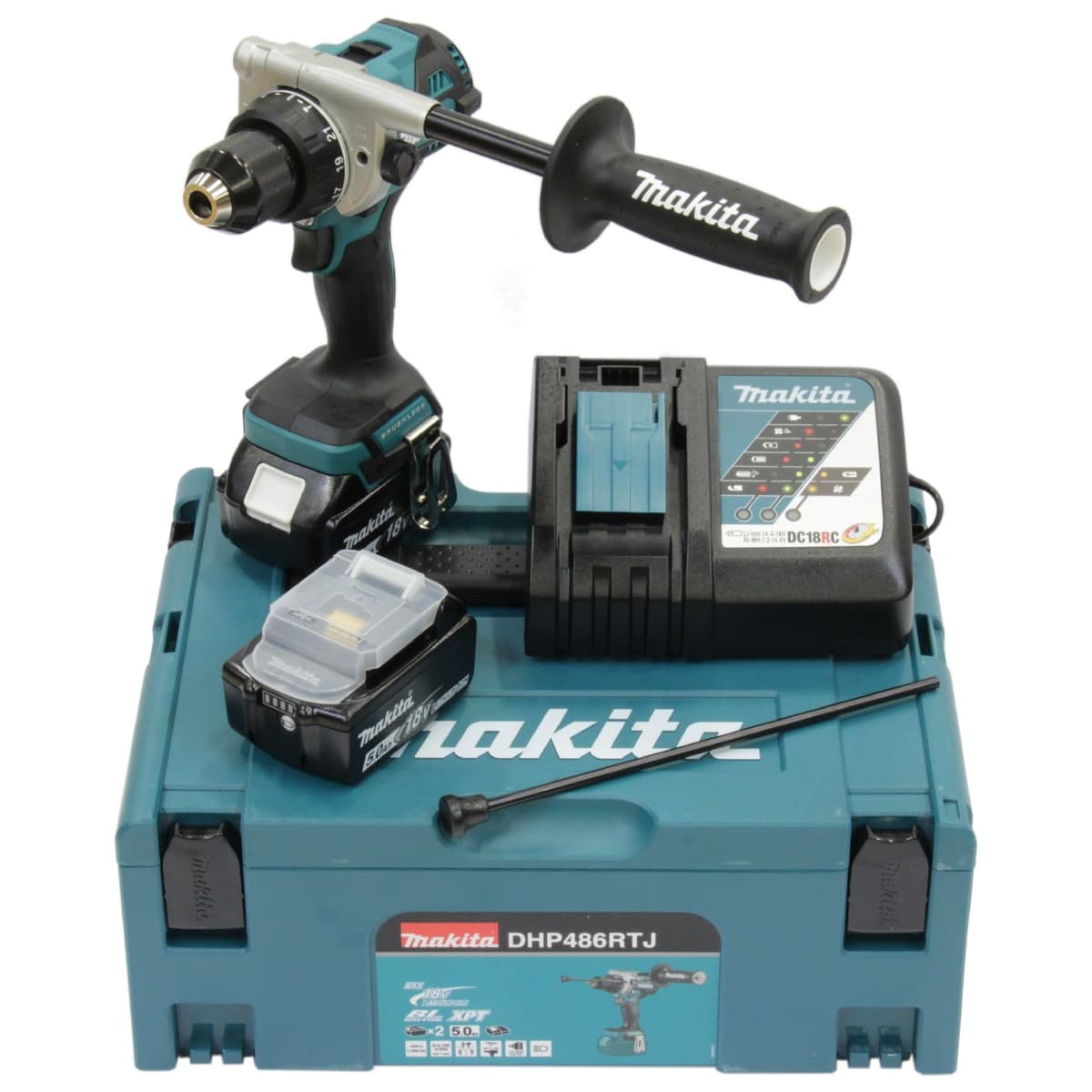 Taladro percutor Makita DHP486RTJ 18V Li-ion LXT Brushless con 2 baterías 5.0 Ah y cargador en maletín Makpac