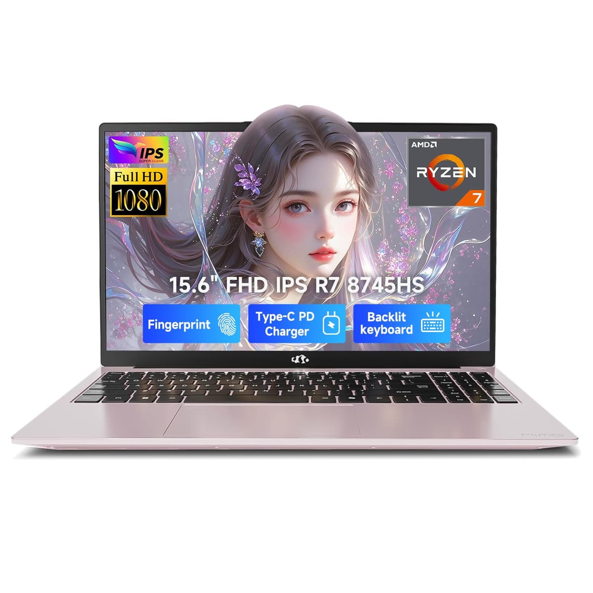 NIMO 15.6" FHD IPS Laptop, AMD Ryzen 7 8745HS 32GB DDR5 RAM 1TB SSD (8C/16T, hasta 4.9GHz) Radeon 780M Gráficos Computadora Empresarial con USB-C Tipo C 100W Teclado Retroiluminado, Huella dactilar USB-C 4.0 ARN79