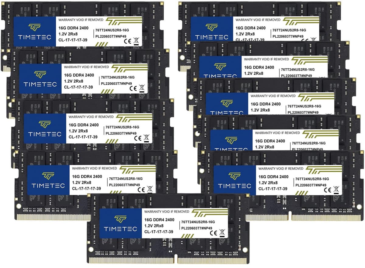 Timetec 160GB (10x16GB) DDR4 2400MHz SODIMM 1.2V CL17 Non-ECC Dual Rank para Laptop
