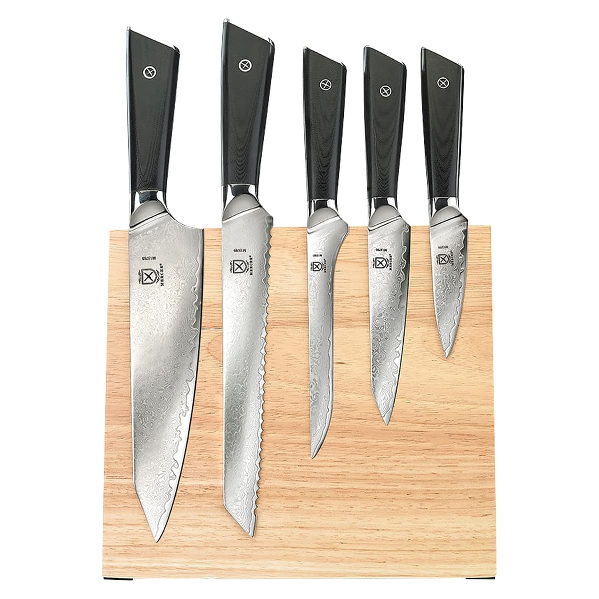 Juego de cuchillos Mercer Culinary Super Steel Premium 6 piezas con base magnética de madera y mangos G10 M21995