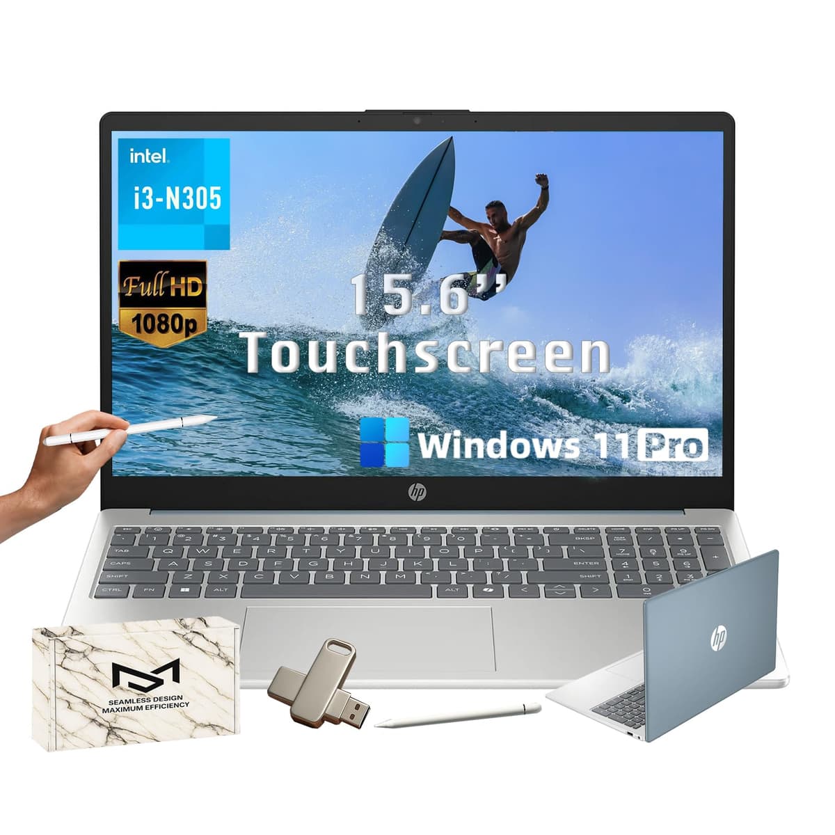 HP Laptop táctil 15.6" - Windows 11 Pro, AI Copilot, 16 GB RAM + 512 GB SSD, pantalla táctil antirreflejo FHD 15.6" (1920 x 1080), Intel 8 núcleos i3-N305, gráficos Intel UHD, WiFi 6, Azul Moonlight