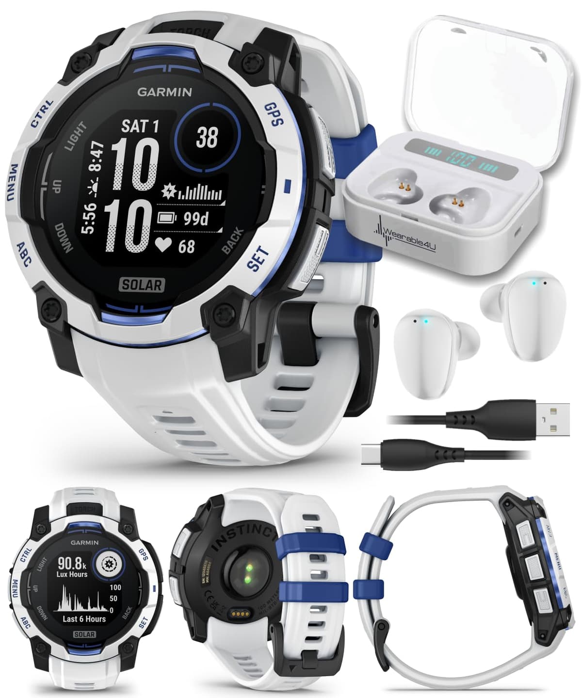 Wearable4U Garmin Instinct 3 Resistente Reloj Inteligente GPS para Exteriores - 45 mm Solar, Supernova, Edición Limitada, Seguimiento de Salud y Fitness, Linterna Incorporada, Whitestone/Bolt Blue con Auriculares Blancos incluido TWS X7-1