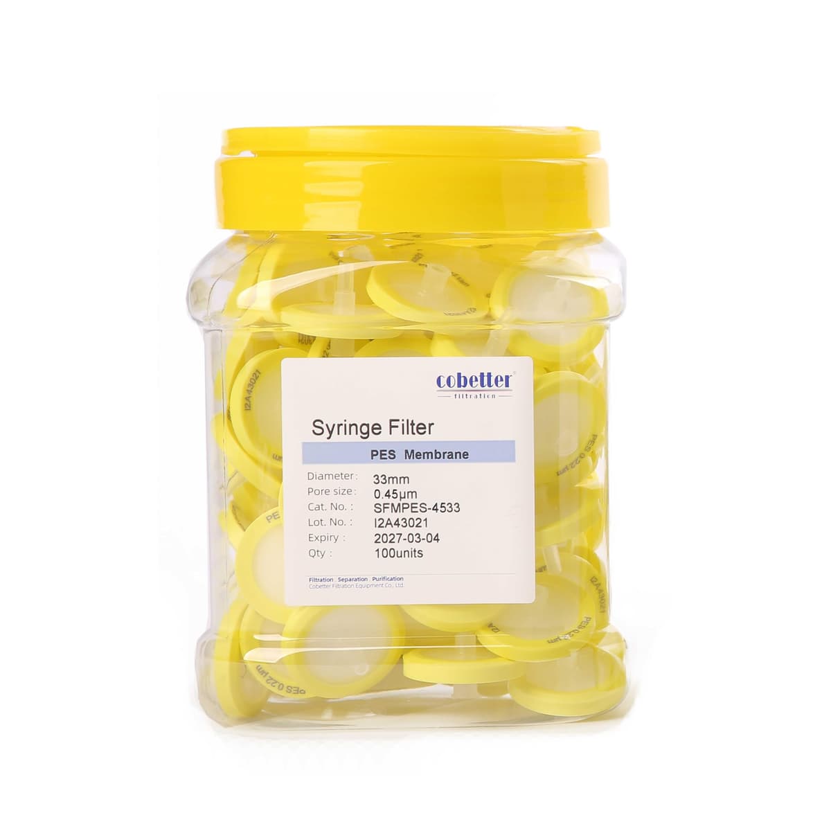 COBETTER Paquete de 1000 Filtros de Jeringa PES 0.45 μm 33 mm Diámetro Hidrofílicos No estériles Amarillos SFMPES-4533-1000