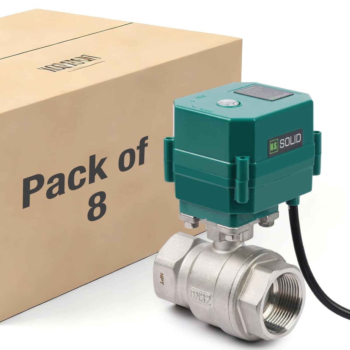 U.S. Solid Válvula de Bola Motorizada Sólida de EE. UU. 1-1/4" con Enchufe US 110VAC, Acero Inoxidable, Retorno Automático, Normalmente Cerrada, IP65 (Paquete de 8) USS-MSV20004