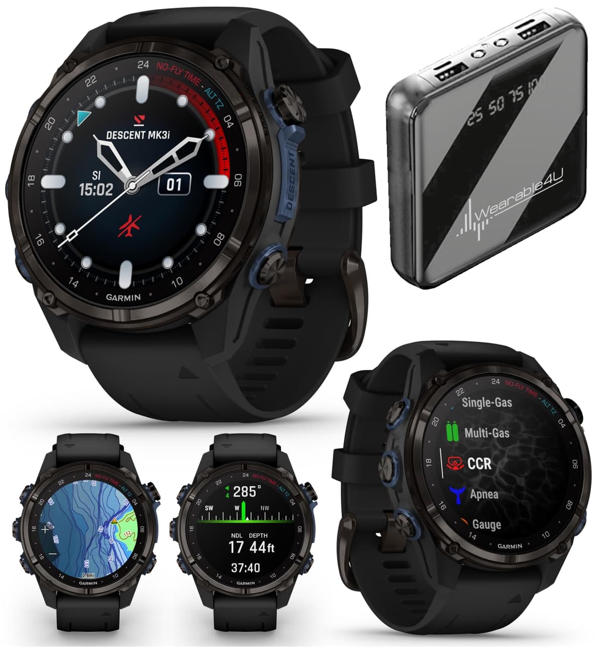 Wearable4U Garmin Descent Mk3i 43 mm Carbon Gray DLC Titanium Dive Computer Bundle (010-02753-10)