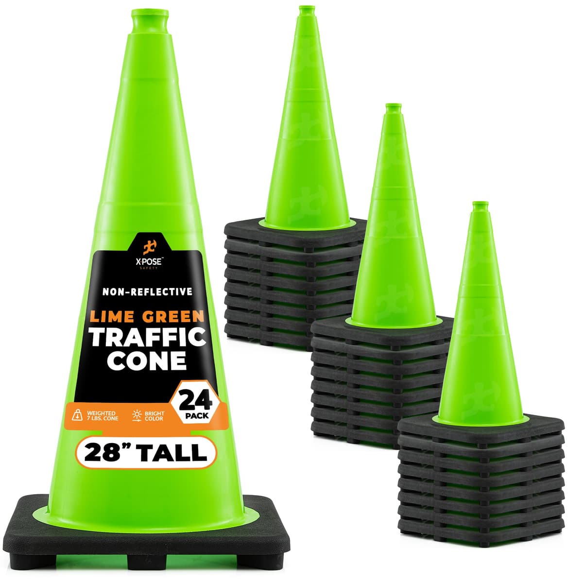 Xpose Safety cono de tráfico 28" color lima - Paquete de 24 - PVC premium, base negra, DOT aprobado LTC28-24-X