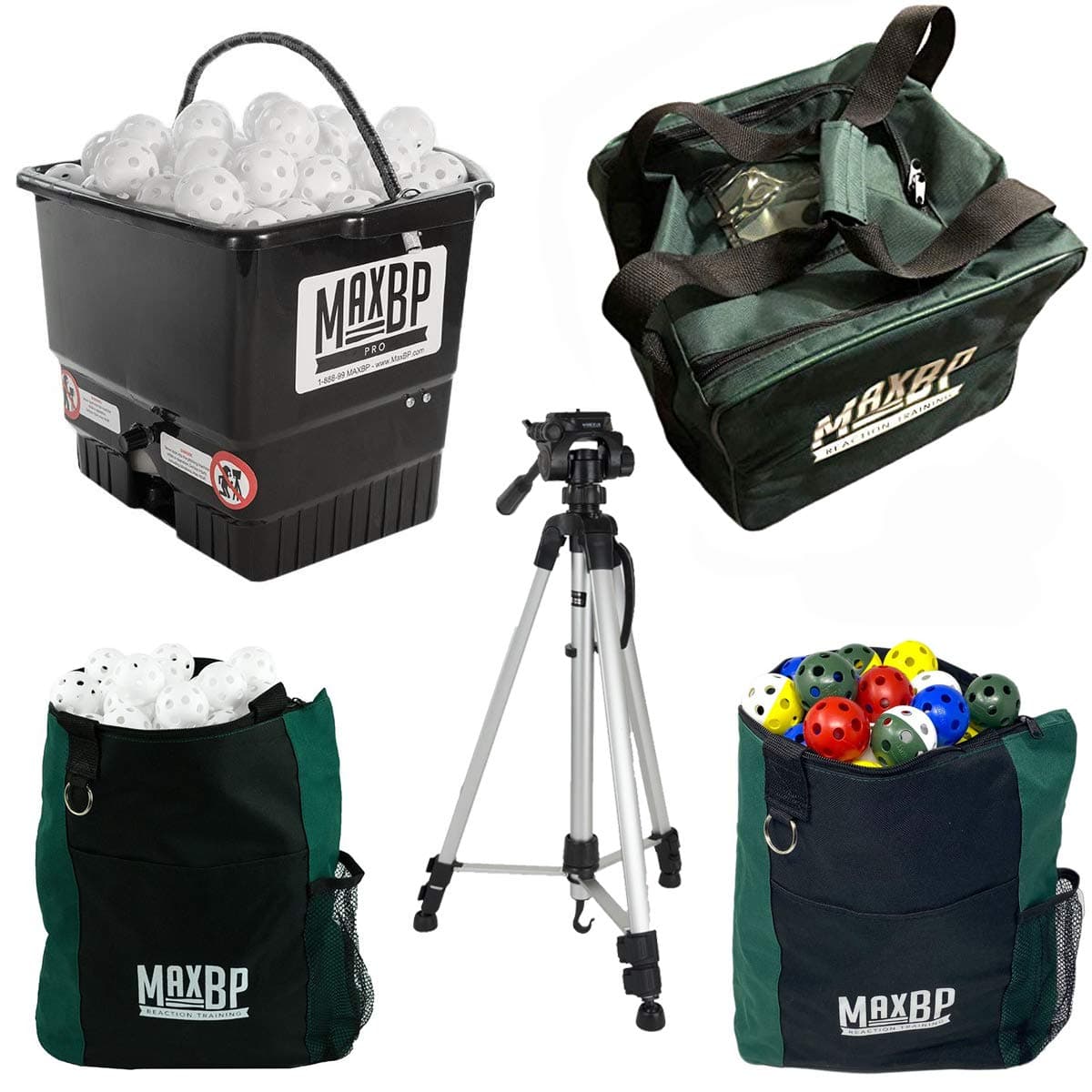 MaxBP Pro B paquete con pelotas blancas y mixtas, tripié y accesorios