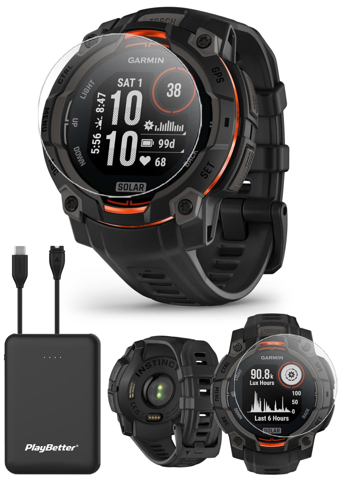 PlayBetter Garmin Instinct 3 Solar 45 mm (Negro) Reloj inteligente GPS resistente para exteriores - Bisel de metal, Linterna integrada, Cargador portátil de batería ilimitada y Protectores de pantalla HD 010-02934-00 (Watch) | Z05 (Charger)