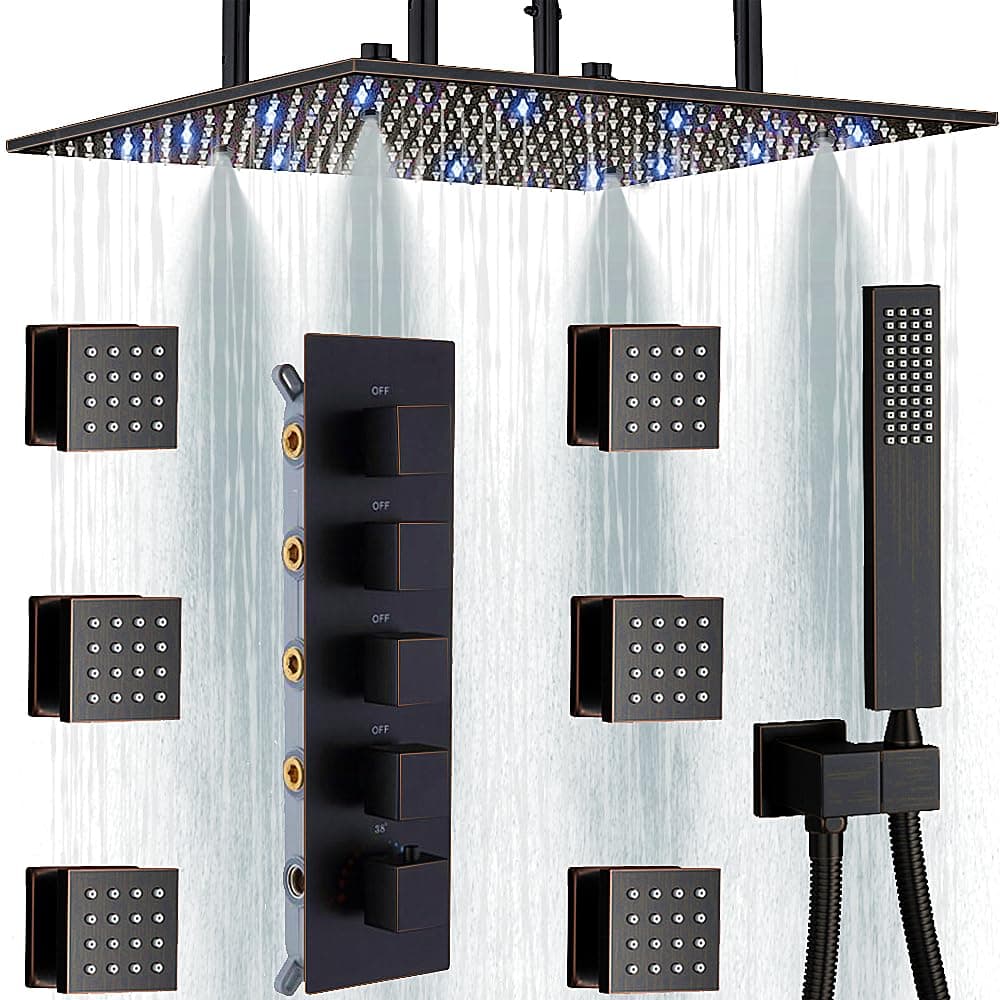 AYIVG Sistema de Ducha 16" con LED, 4 funciones, válvula termostática y 6 jets corporales (Oil Rubbed Bronze) AV-ORB4IN1-1022