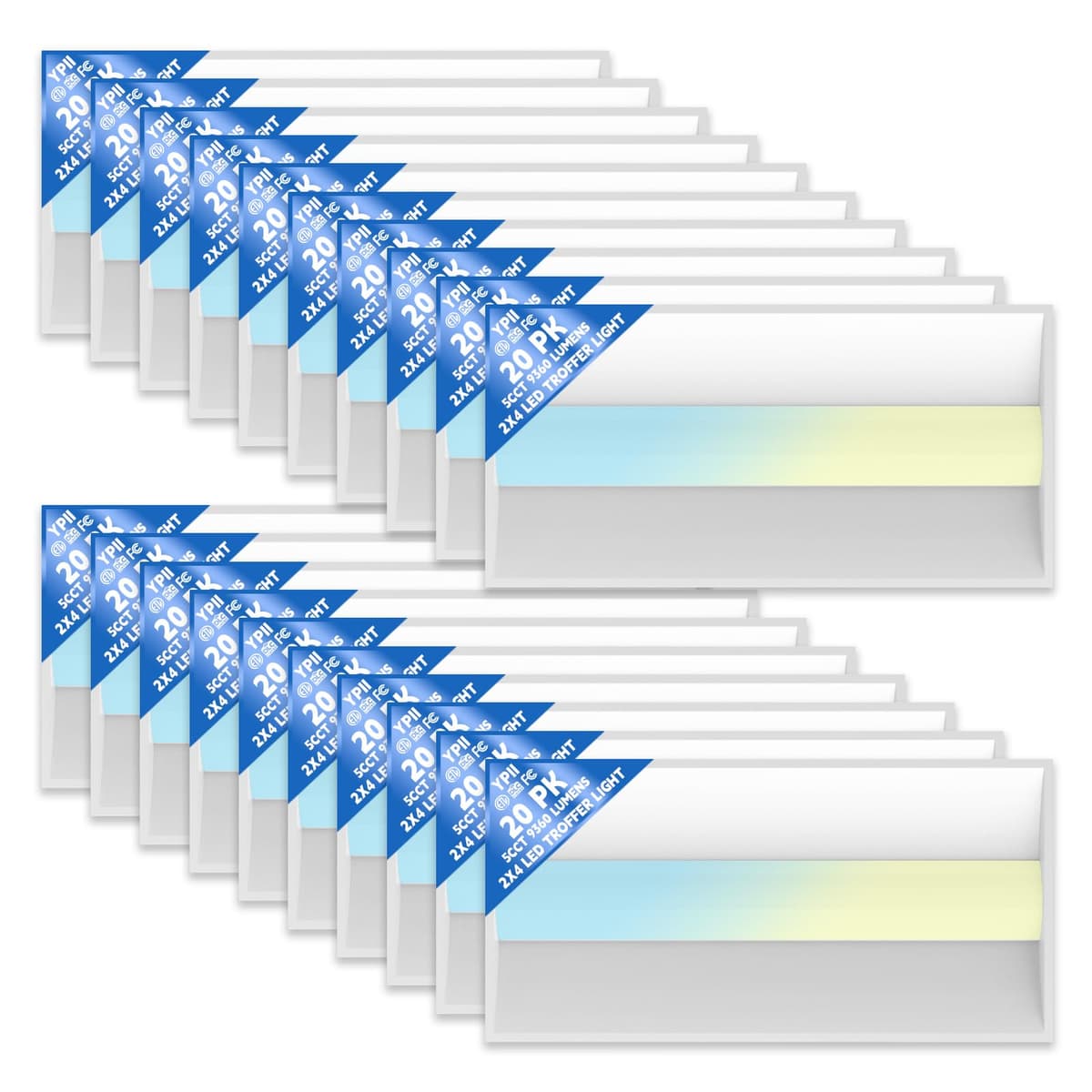 YPII 20Pack Luminaria empotrable 2x4 LED Center Basket, 5CCT color tunable, wattaje ajustable, regulable 0-10V, 120-277V, ETL & DLC TTR-L-HY