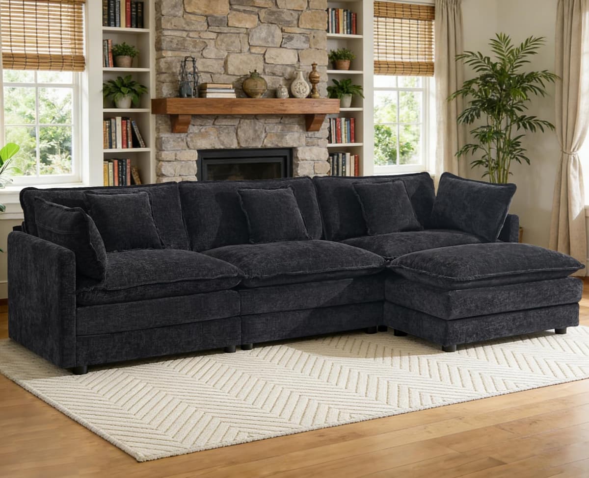 VEPXXP Sofa Modular Seccional L de Chenille, Asiento Profundo, 3 Plazas con Puff Móvil, Negro