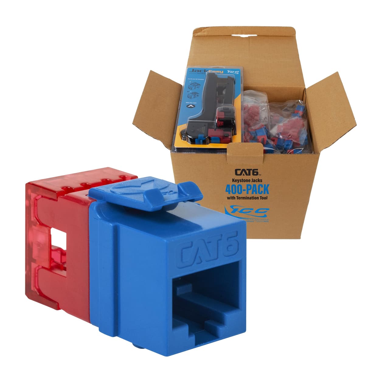 ICC CAT6 Keystone Jack Slim 180° Punch Down RJ45 PoE++ TAA Azul 400-pack IC107F6VBL