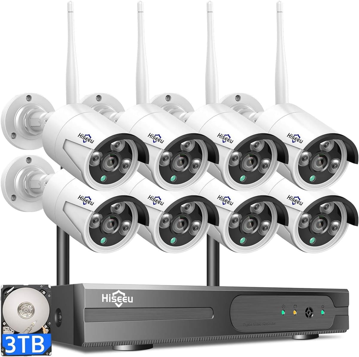 Hiseeu Sistema de Cámaras de Seguridad WiFi Profesional 100 ft, Kit NVR 4K de 16 canales, Sistema de Cámaras CCTV para el Hogar con Cable y Alimentación Enchufable de 8 unidades de 5MP para Interior/Exterior, Visión Nocturna, IP66, Detección de Movimiento, HDD 3TB WK6-8HB615-CT