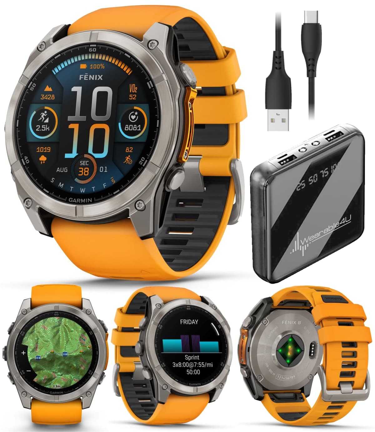 Wearable4U Garmin Fenix 8 51MM AMOLED Sapphire Titanium con Spark Orange/Graphite - Bundle con Power Bank